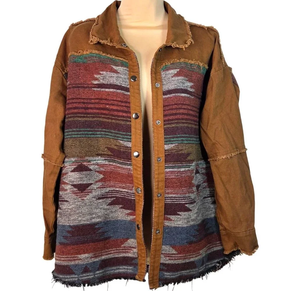 Brown Aztec Frayed Hem Button-Up Jacket Medium By Blue B Collection - Picture 3 of 6